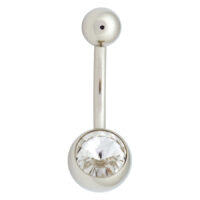 Kristallklarer Bauchnabel Bananabell 1,6mm Silberner Bauchnabel Bananabell mit klarem Kristall auf weißem Hintergrund