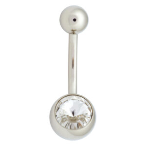 Silberner Bauchnabel Bananabell mit klarem Kristall auf weißem Hintergrund