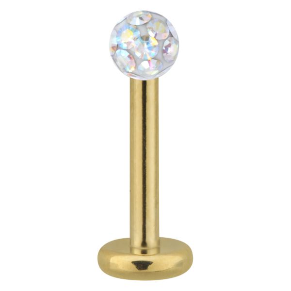 Labret de titan dorado con cristal Aurora Boreale de 3,0 mm sobre fondo blanco