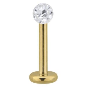 Labret de titan dorado con cristales claros y bola de 3 mm sobre fondo blanco