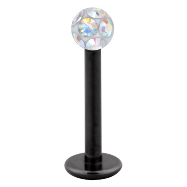 Labret de titanio negro con bola de cristal Aurora Boreale sobre fondo blanco