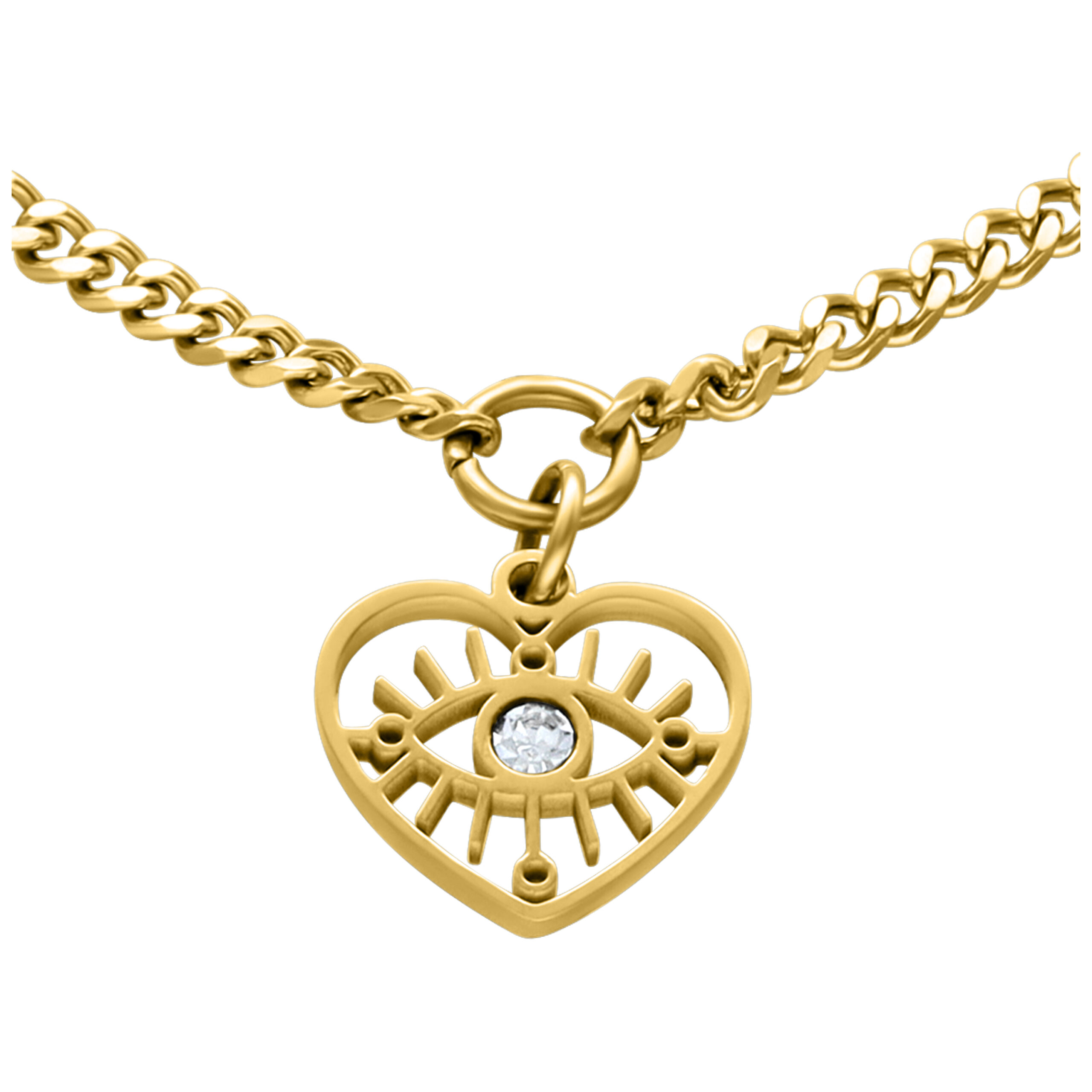 Pulsera dorada con colgante de corazón y ojo de cristal sobre fondo blanco