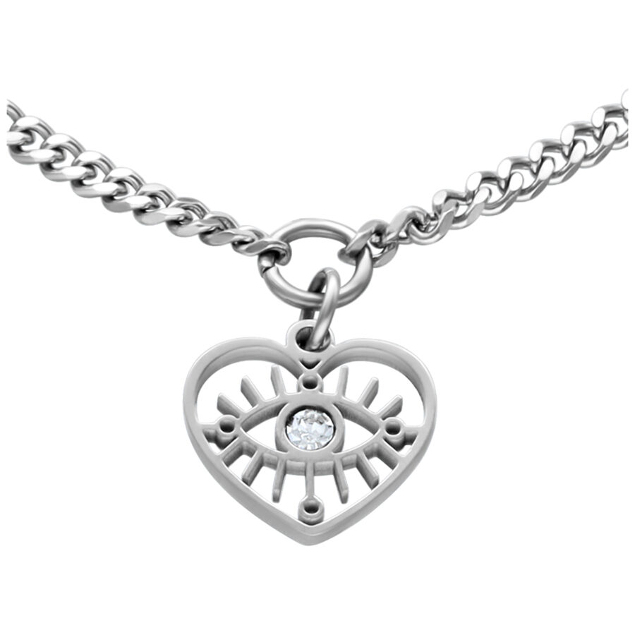 Pulsera de plata con colgante de corazón y cristal claro sobre fondo blanco
