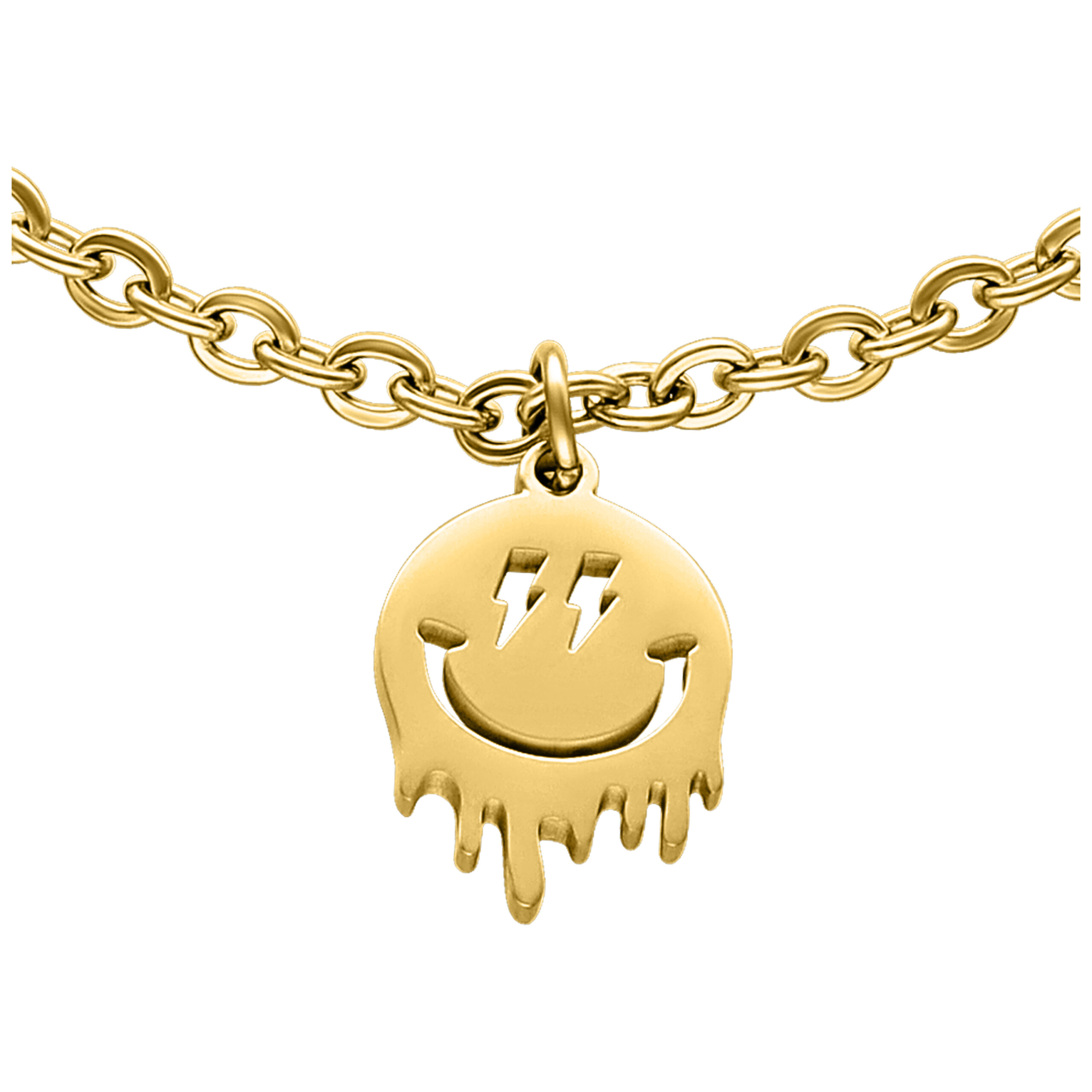 Pulsera dorada con colgante de Smiley sobre fondo blanco