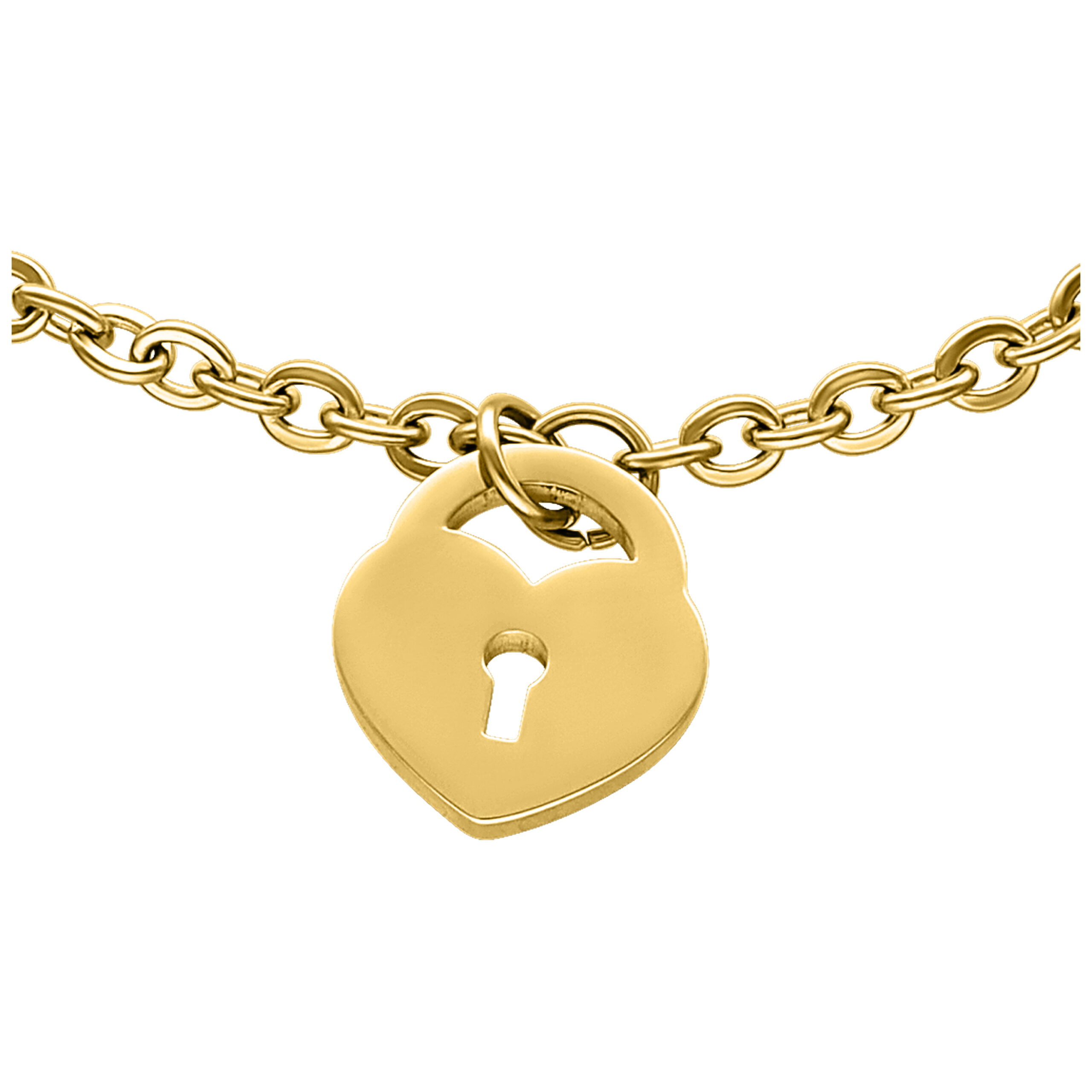 Pulsera dorada con candado de corazón sobre fondo blanco