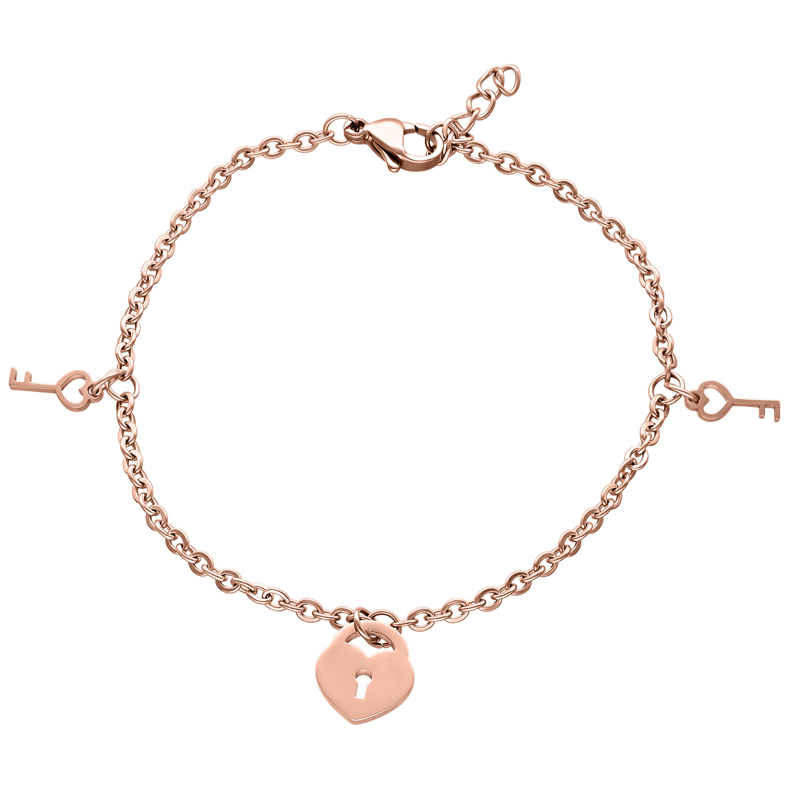 Roségoldenes Schlüssel-Armband mit Herzanhänger Roségoldenes Armband mit Schlüsseln und Herzanhänger auf weißem Hintergrund