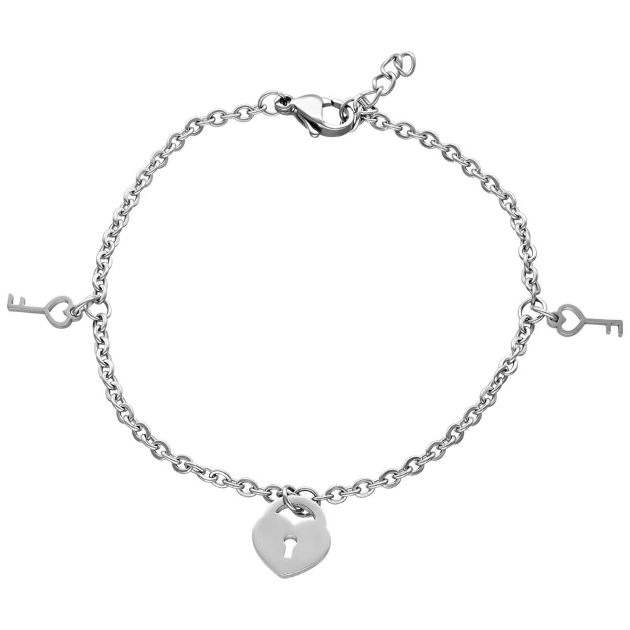 Pulsera de plata con pequeñas llaves y candado de corazón sobre fondo blanco