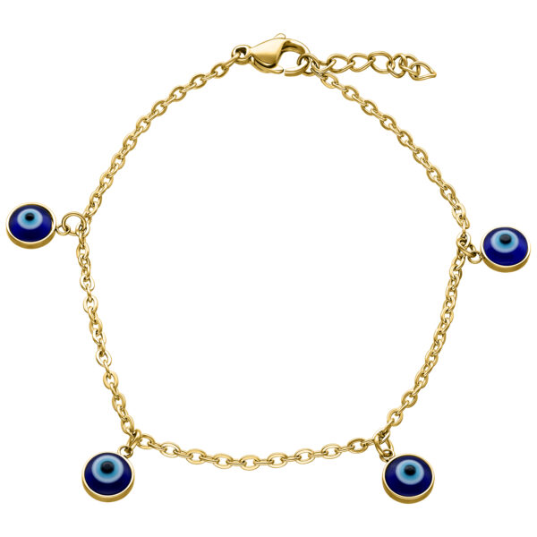 Pulsera dorada con dijes Nazar sobre fondo blanco