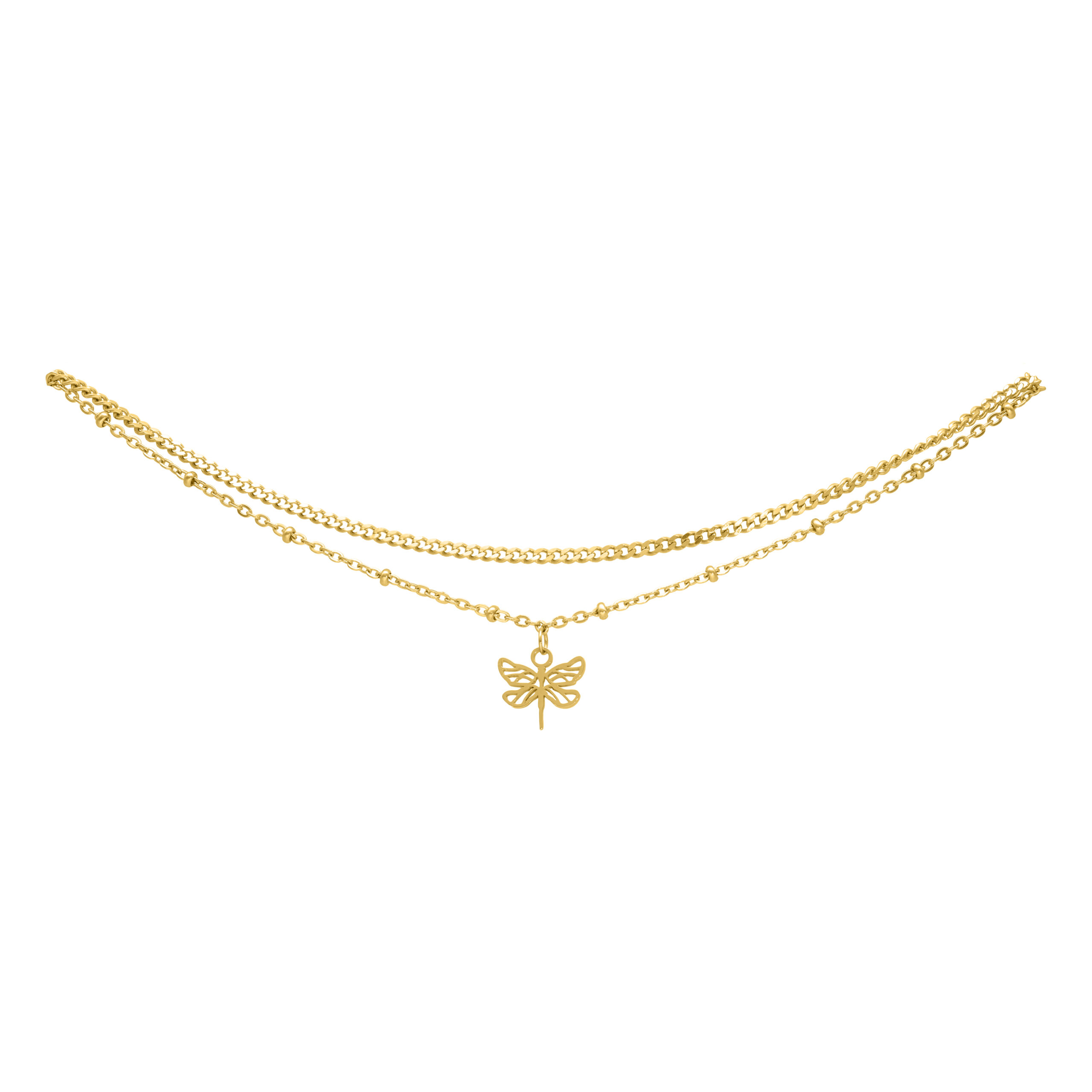 Tobillera de dos hileras de metal dorado con colgante de libélula sobre fondo blanco
