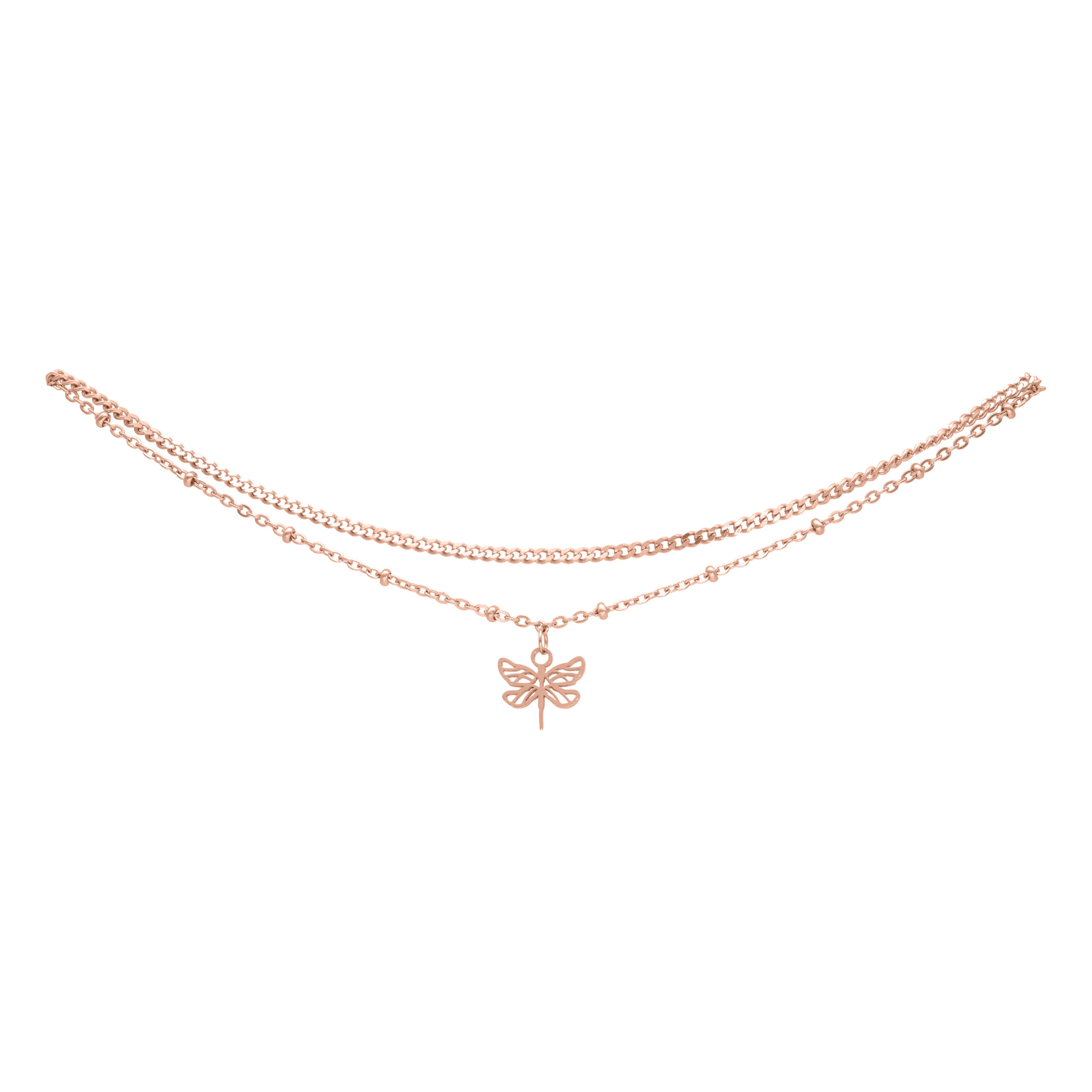 Roségoldenes Dragon Fly Fußkettchen Roségoldfarbenes Fußkettchen mit Libellenanhänger auf weißem Hintergrund