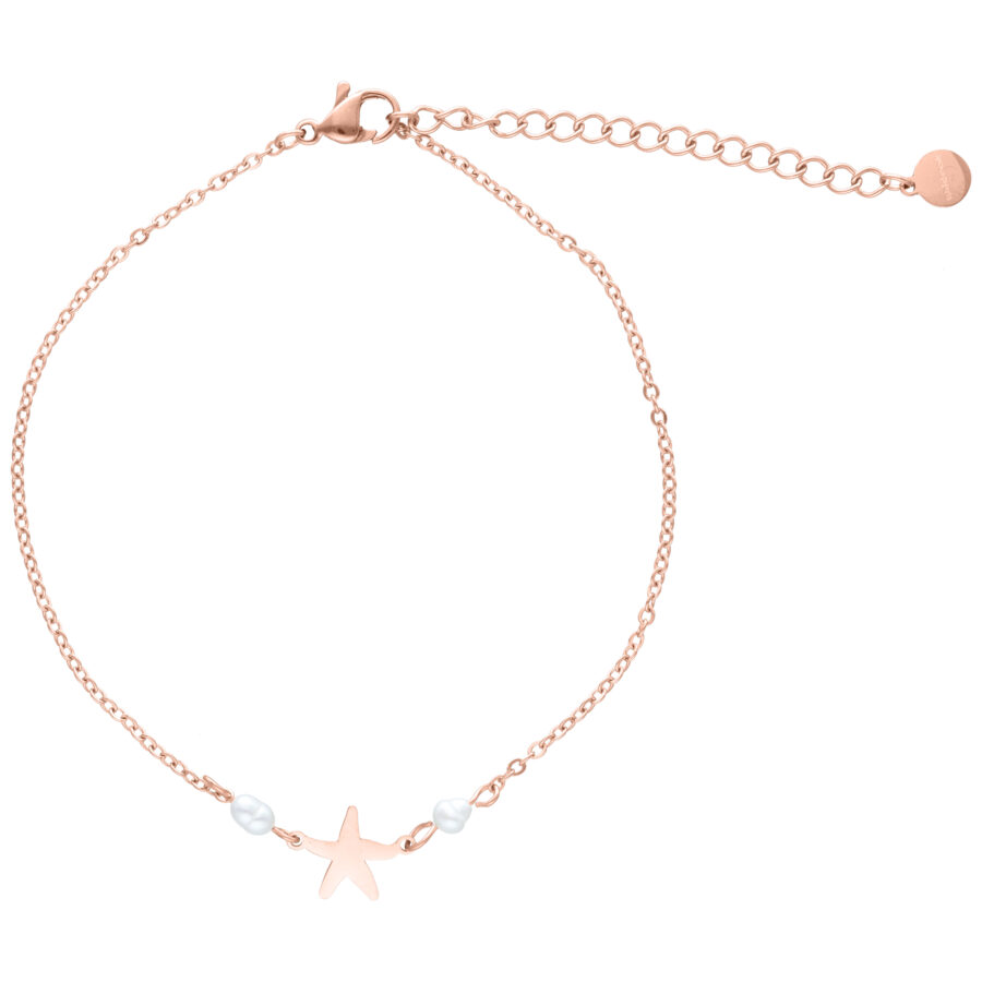 Tobillera en oro rosa con colgante de estrella de mar y perlas sobre fondo blanco
