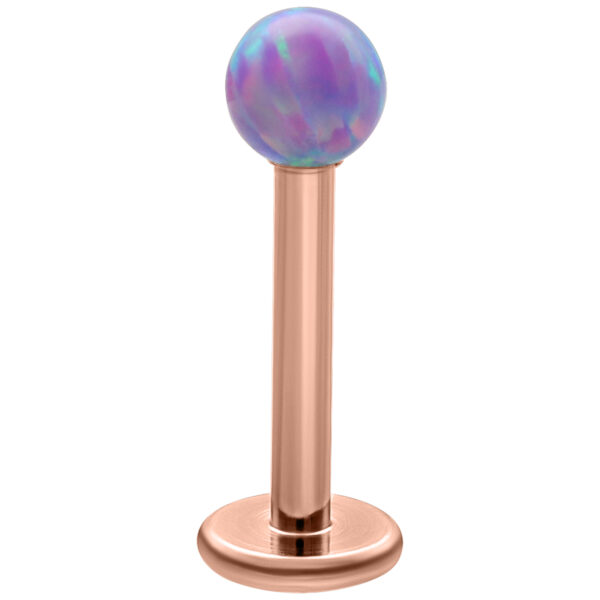 Labret de oro rosa con bola de ópalo azul claro sobre fondo blanco