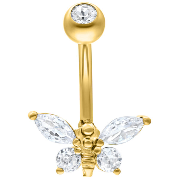 Piercing de banabell dorado con diseño de abeja y cristales claros sobre fondo blanco