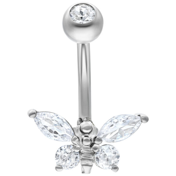 Banana Bell de plata con piedras cristalinas en forma de abeja sobre fondo blanco