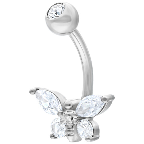 Banana de plata con diseño de mariposa de cristal claro sobre fondo blanco