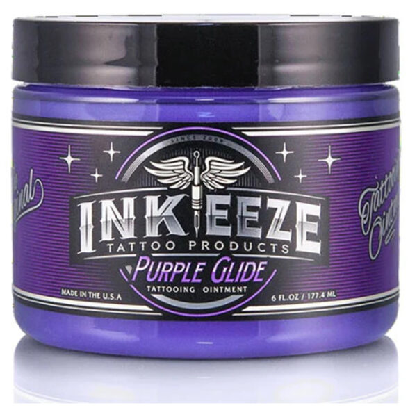 Bote de crema para tatuajes lila con el logo de Ink Eeze sobre fondo blanco