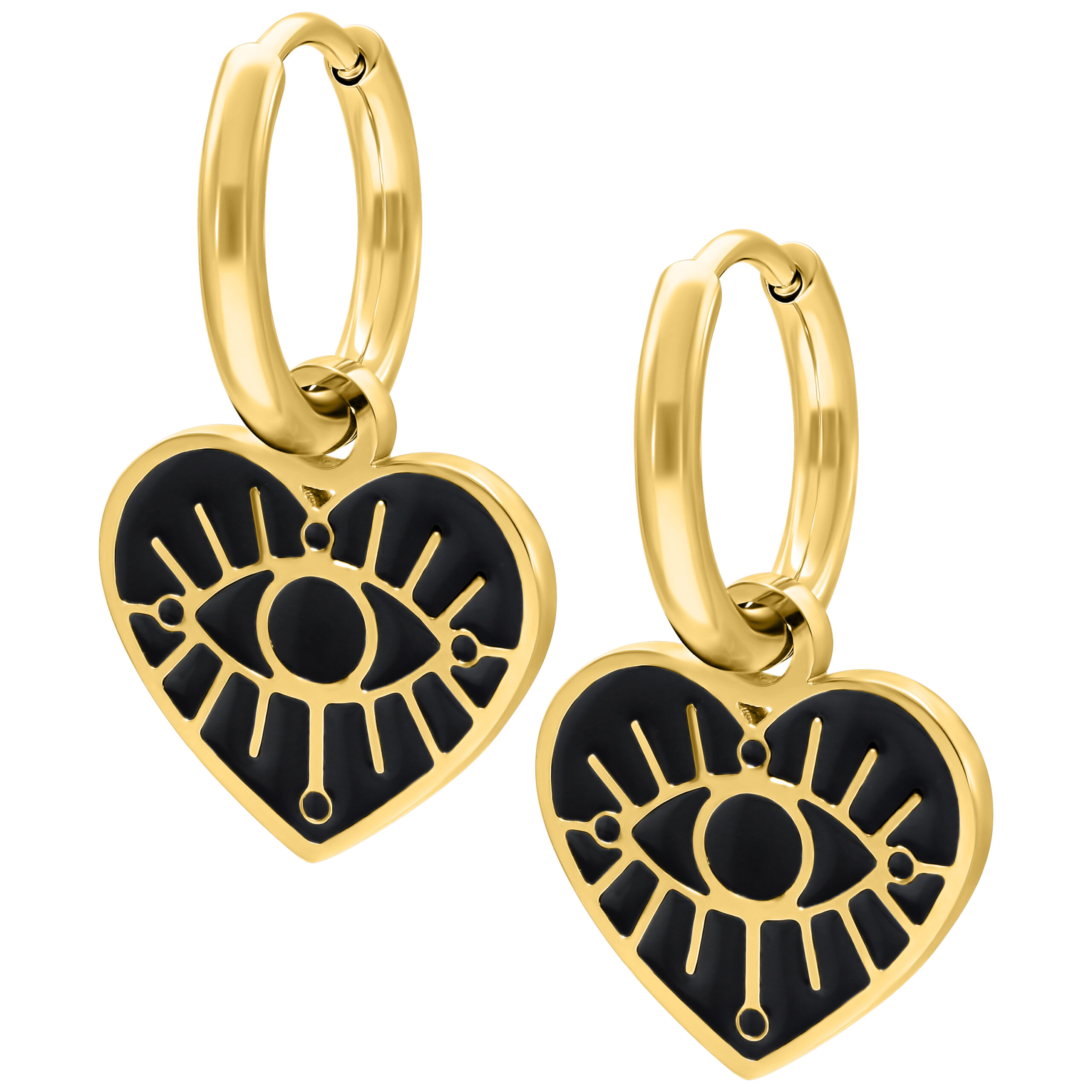 Aros dorados con colgante de corazón y motivo de ojo, brillantes