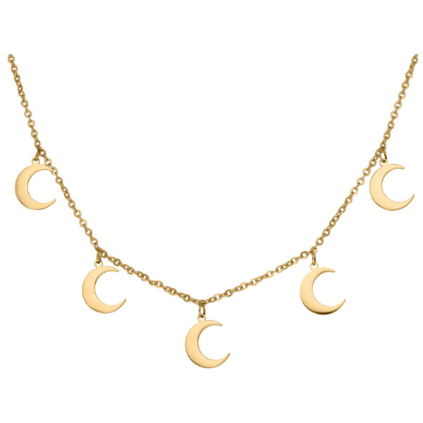 Collar dorado con cinco pequeños colgantes de luna sobre fondo blanco