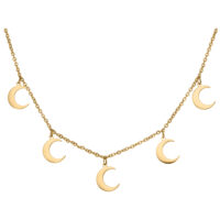Collar dorado con cinco pequeños colgantes de luna sobre fondo blanco