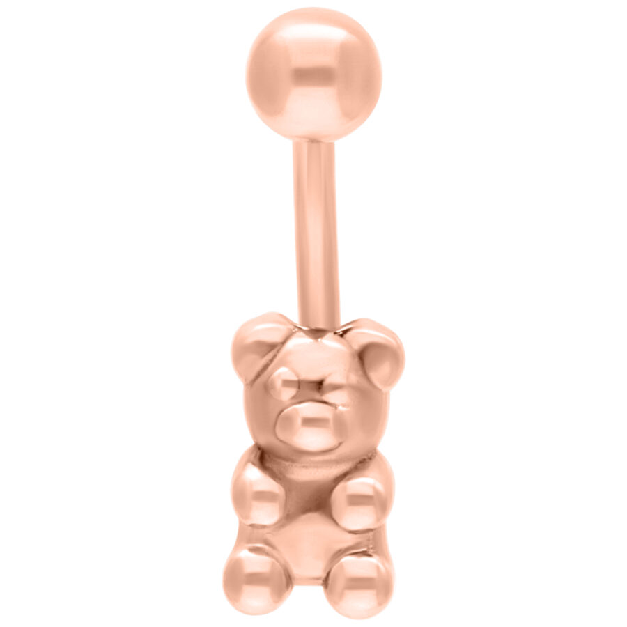 Piercing de ombligo en oro rosa con diseño de osito de goma sobre fondo blanco