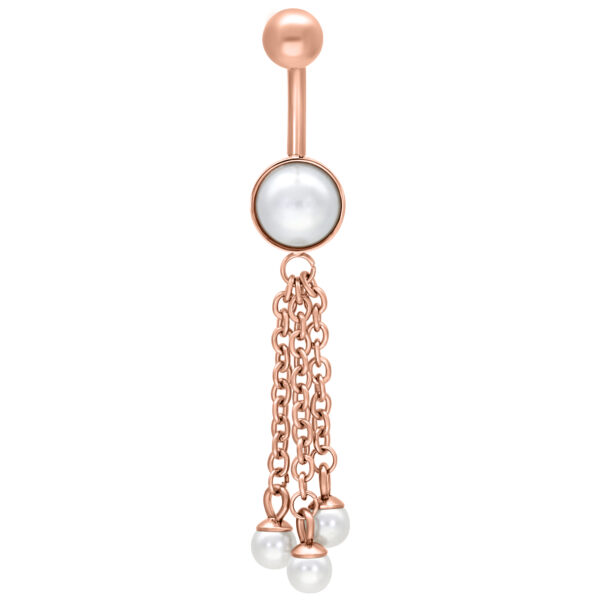 Piercing de ombligo de oro rosa con colgante de perla, longitud 10 mm, sobre fondo blanco