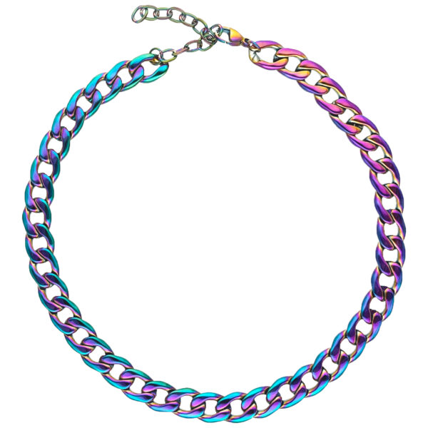 Colorida y brillante Cadena Anodizada Chunky de Acero Quirúrgico sobre fondo blanco