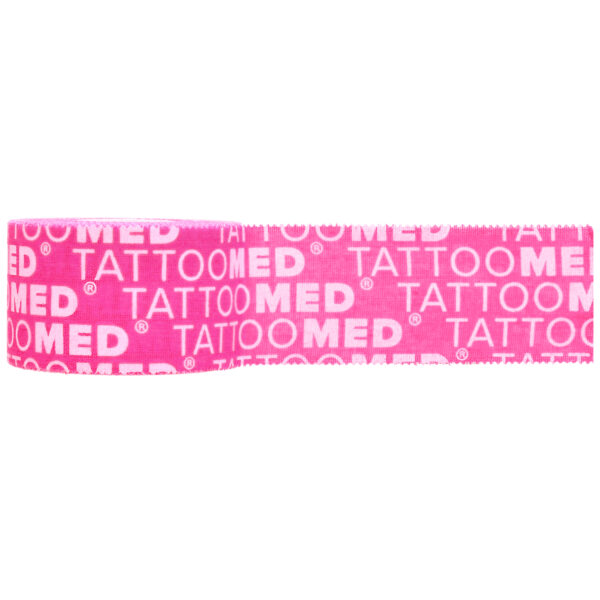 Cinta Pro Tape rosa de Tattoomed, 5m de largo, con texto blanco sobre fondo blanco