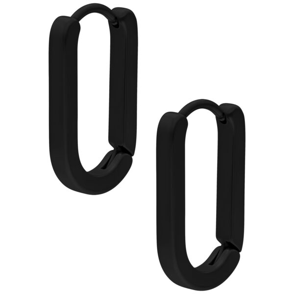 Dos pendientes en forma de aro negro de acero quirúrgico sobre fondo blanco