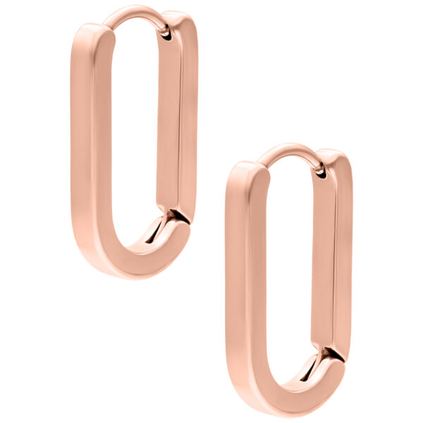 Aros ovalados de oro rosa de acero quirúrgico sobre fondo blanco