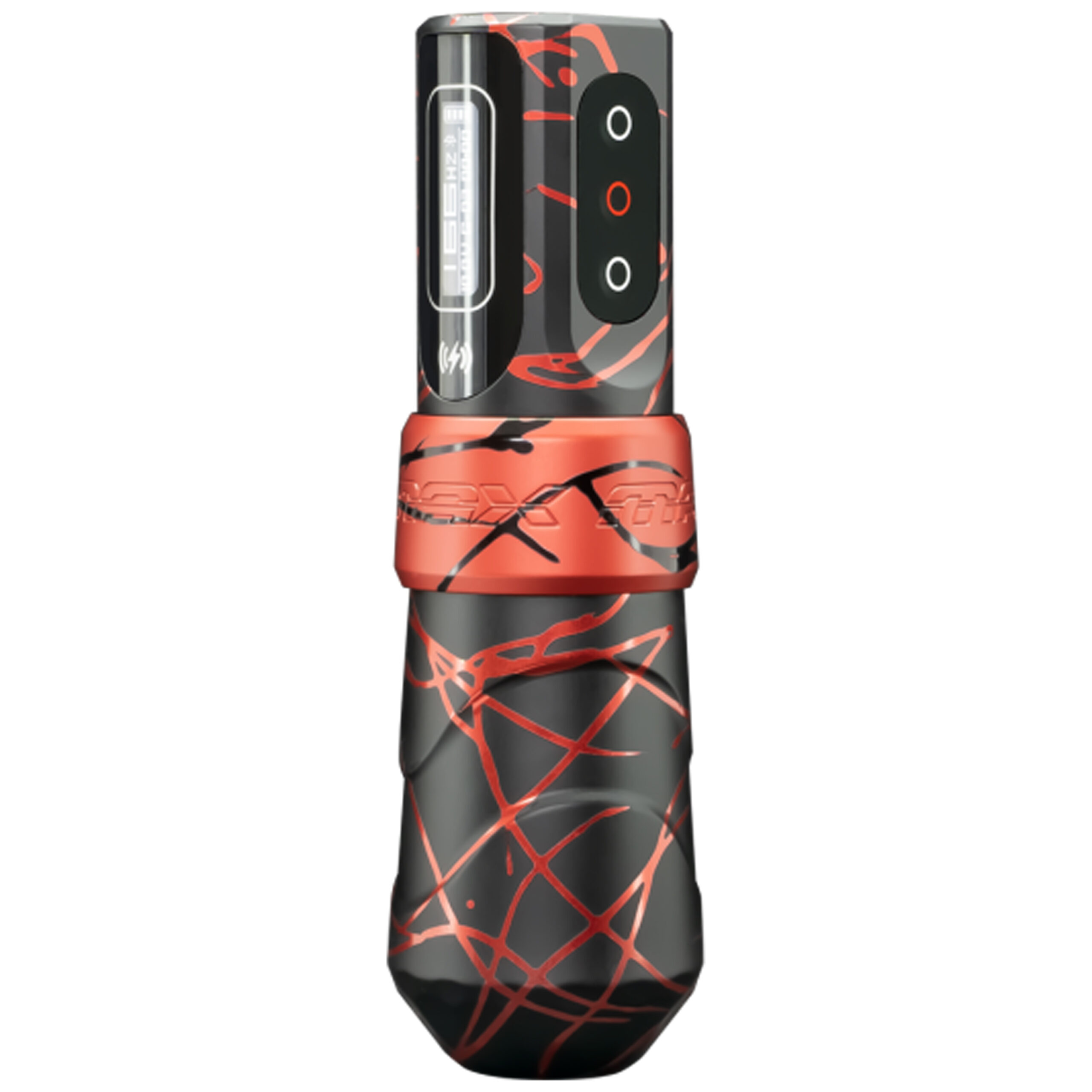 FK Irons Flux Max rojo negro con Powerbolts Máquina de tatuar roja y negra FK Irons Flux Max sobre fondo blanco