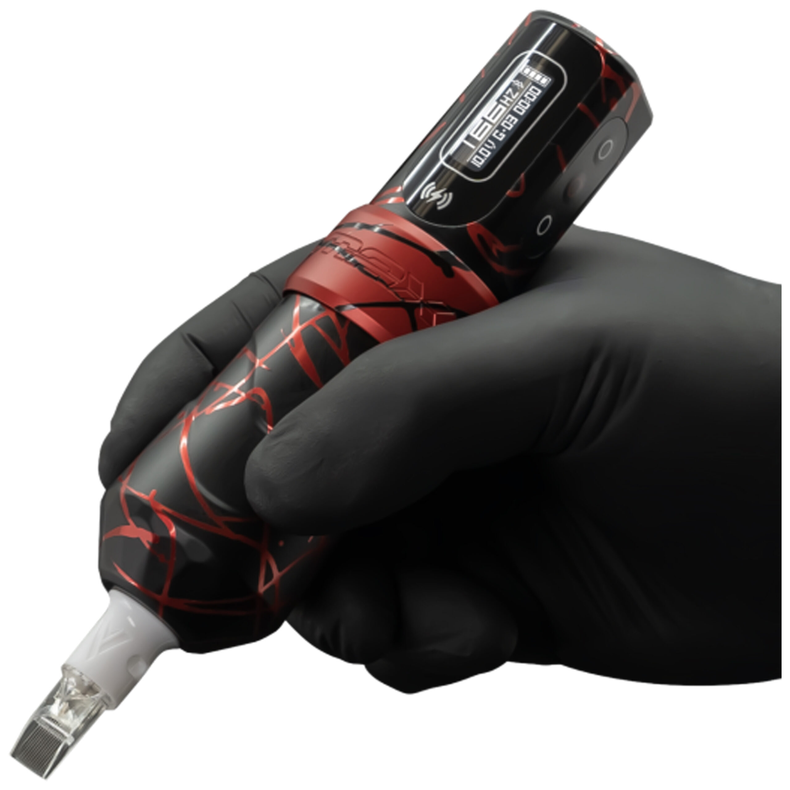 FK Irons Flux Max Rojo-Negro con Powerbolts Máquina de tatuajes FK Irons Flux Max, rojo-negro, sostenida en mano