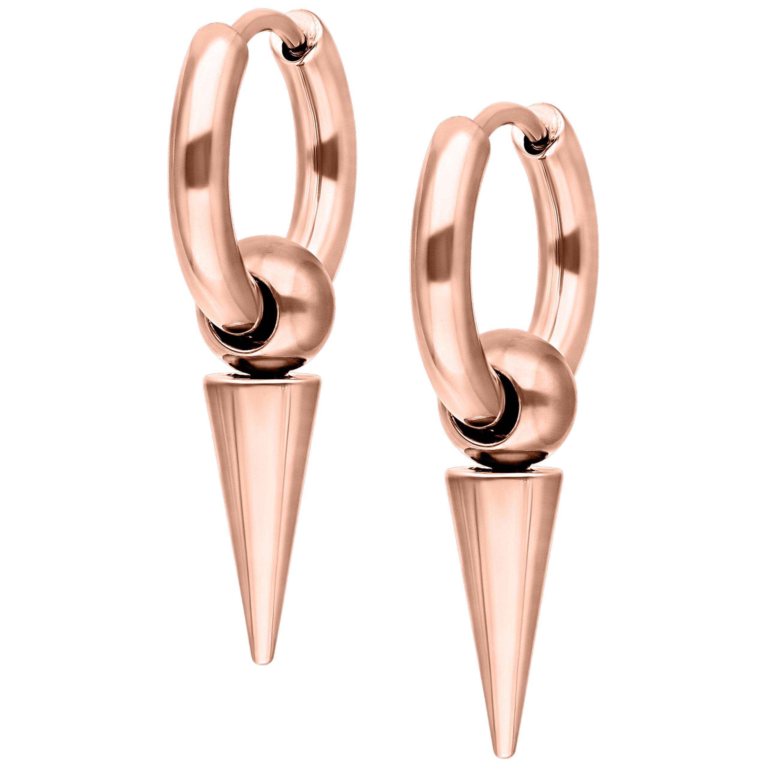 Roségoldene Ohrringe mit langen Spikes auf weißem Hintergrund