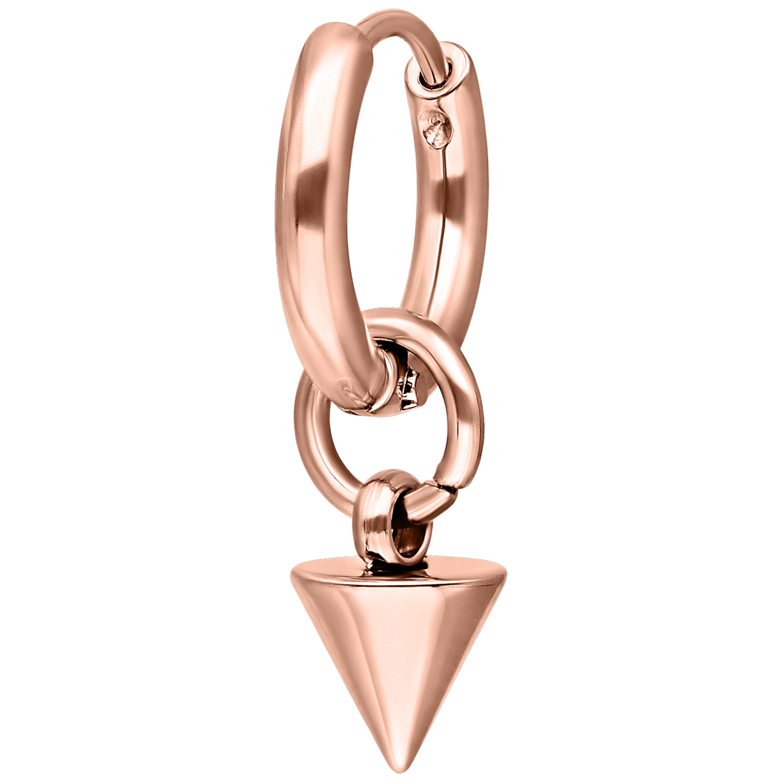 Roségoldene Creolen mit kurzem Spike-Anhänger auf weißem Hintergrund