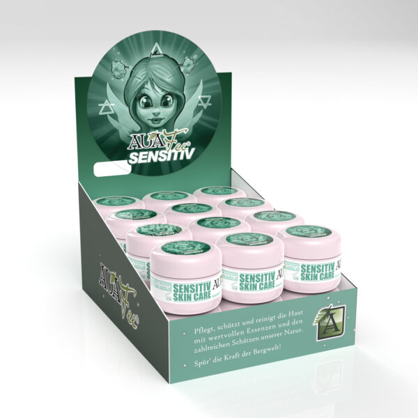 Display con varios botes de Auafee Sensitiv Skincare sobre fondo blanco