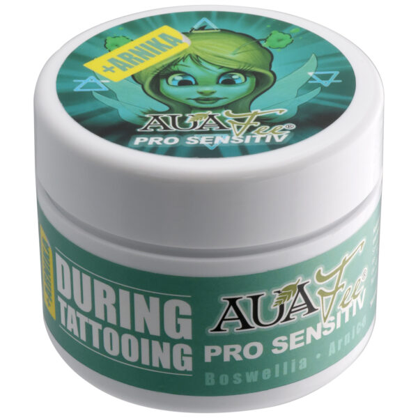 Lata redonda con tapa verde y diseño de hada, contiene PRO Sensitiv con árnica 125ml