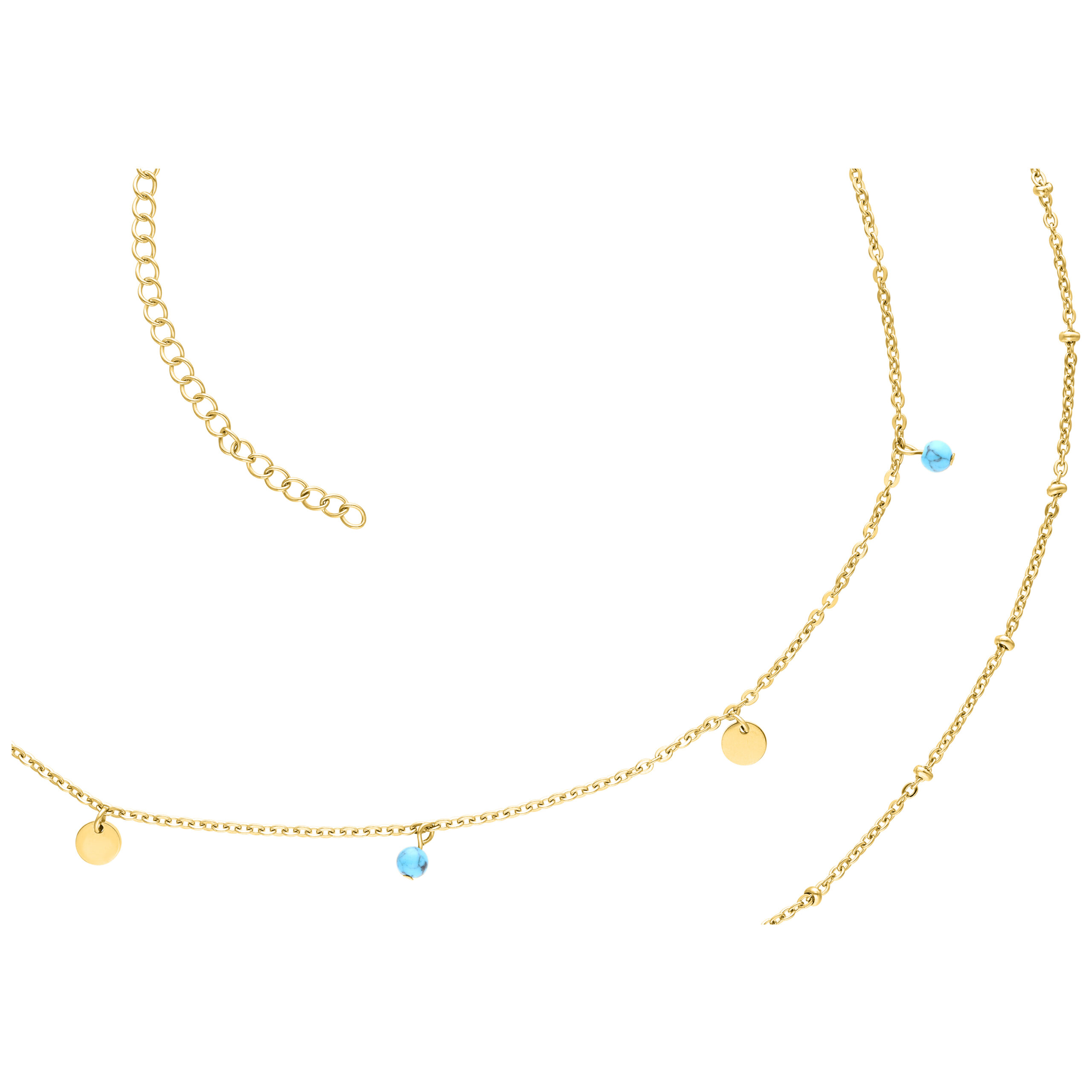 Goldene zweireihige Bauchketten mit blauen Anhängern auf weißem Hintergrund