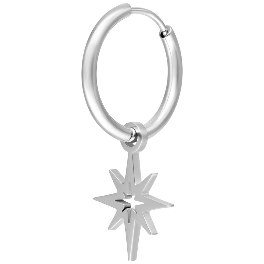 Pendiente plateado con colgante de estrella polar sobre fondo blanco