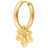 Aros Little Flower dorados - Acero quirúrgico Aro dorado con colgante de flor de acero quirúrgico sobre fondo blanco