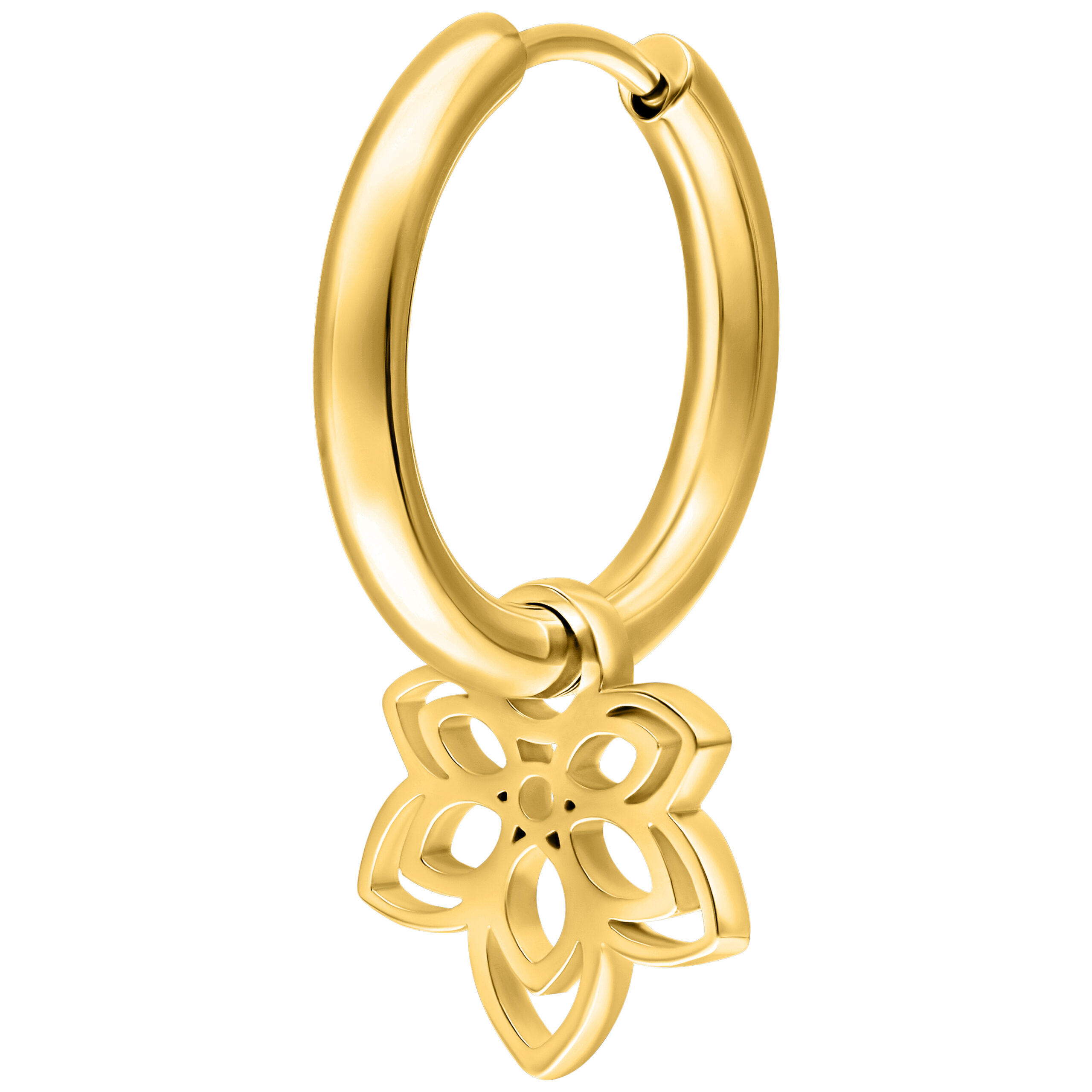 Aros Little Flower dorados - Acero quirúrgico Aro dorado con colgante de flor de acero quirúrgico sobre fondo blanco
