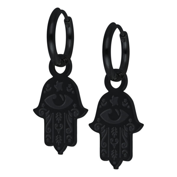 Aros Mano Hamsa negros de acero quirúrgico sobre fondo blanco