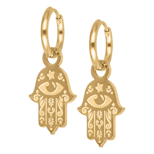 Dos aros de Mano de Hamsa dorados de acero quirúrgico sobre fondo blanco