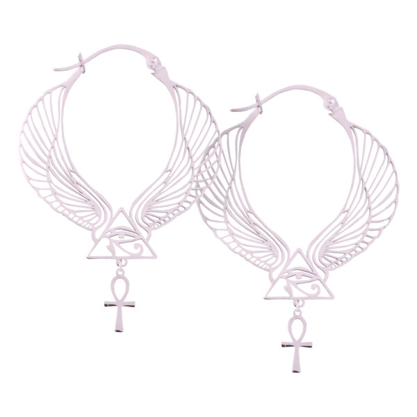 Pendientes circulares con alas y símbolo Ankh en plata sobre fondo blanco