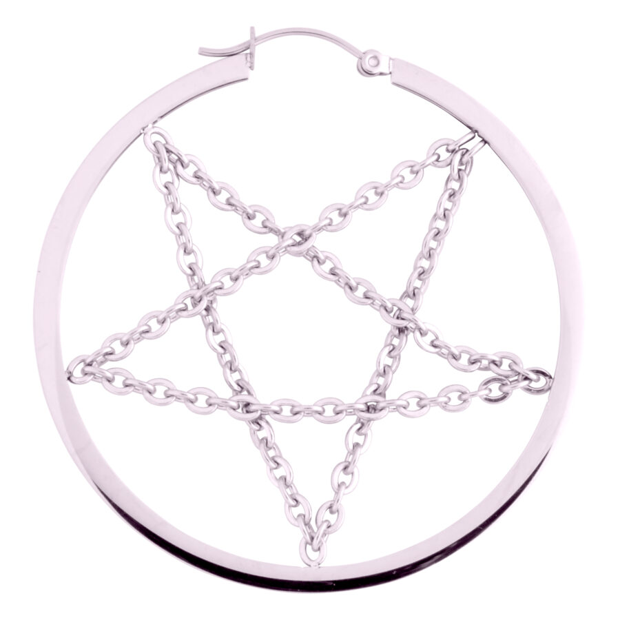 Pentagram Chain Hoops plateados de acero quirúrgico sobre fondo blanco