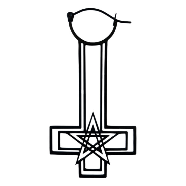 Aros negros en forma de cruz con pentagrama sobre fondo blanco