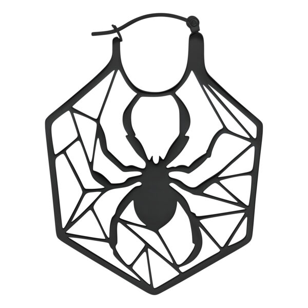 Pendientes de acero inoxidable negro con diseño de telaraña sobre fondo blanco