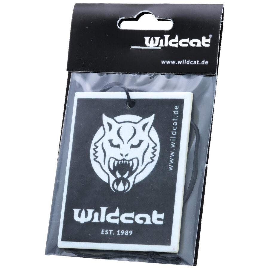 Ambientador negro Wildcat con logo de lobo, empaquetado en plástico transparente