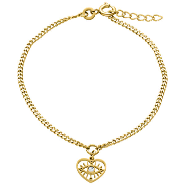 Pulsera dorada con colgante de corazón y ojo sobre fondo blanco