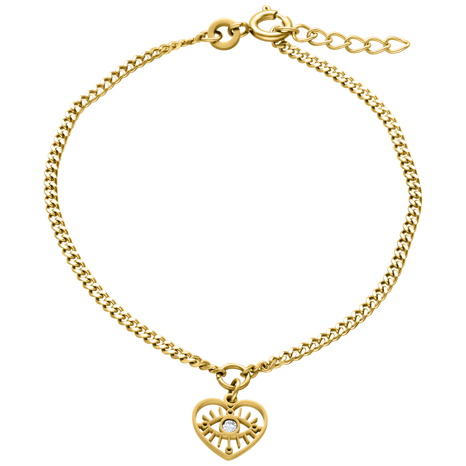 Pulsera dorada con colgante de corazón y ojo sobre fondo blanco