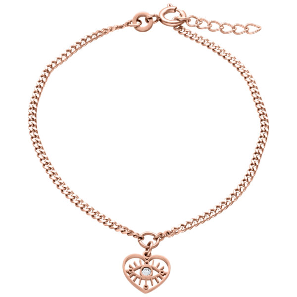 Pulsera de oro rosa con colgante de corazón y cristal claro