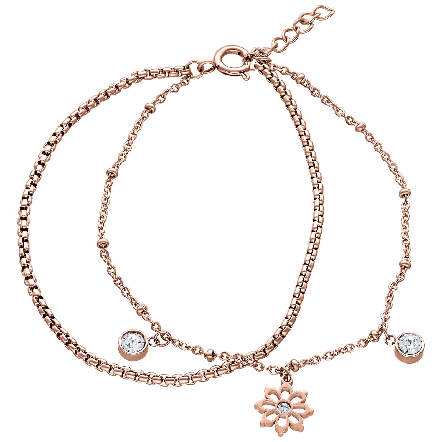 Roségoldenes Armband mit Blumenanhänger und Kristallen auf weißem Hintergrund